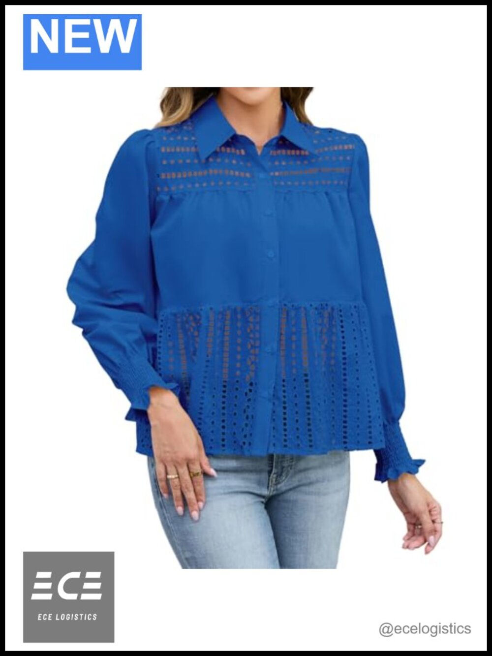 Embroidered Ruffle Long Sleeve Button Down Blouse Loose Fit Eyelet Top